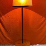 Vintage floor lamp 1960 black tripod base round varnished wooden shelf