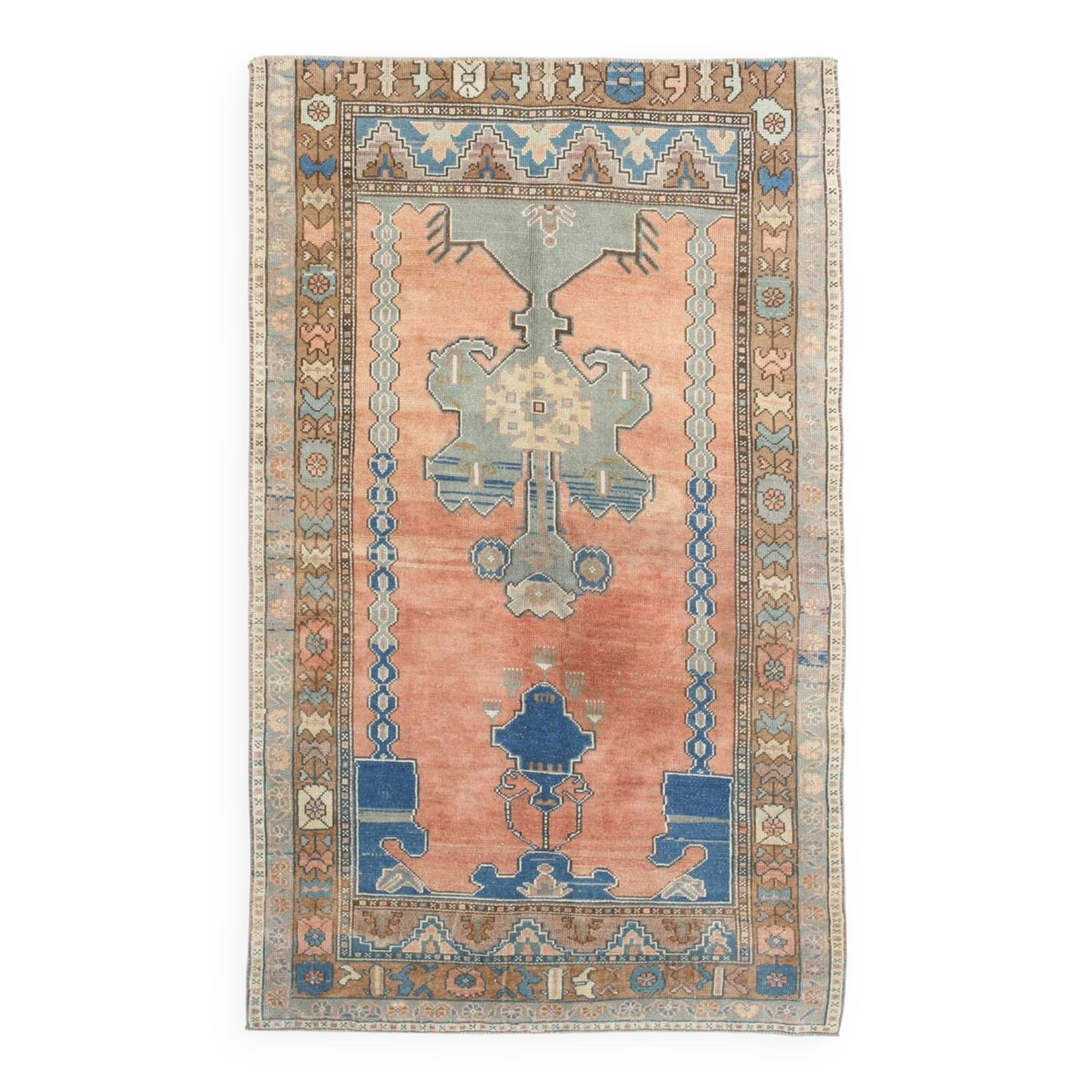 Salmon & Navy Blue Vintage Persian Rug, 131x218 Cm