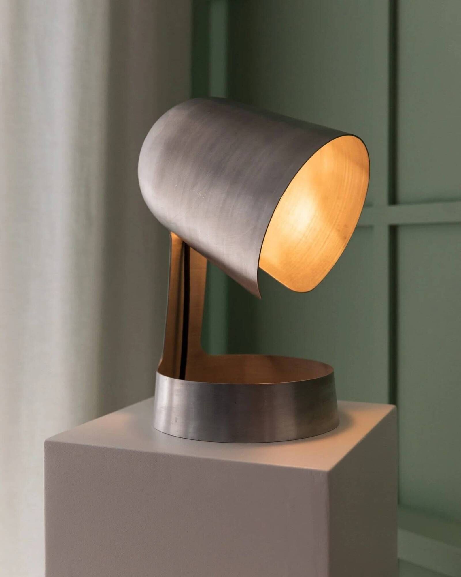 Matte silver aluminum table lamp by Dominik Hehl, vintage 2012 design, sculptural industrial vibe
