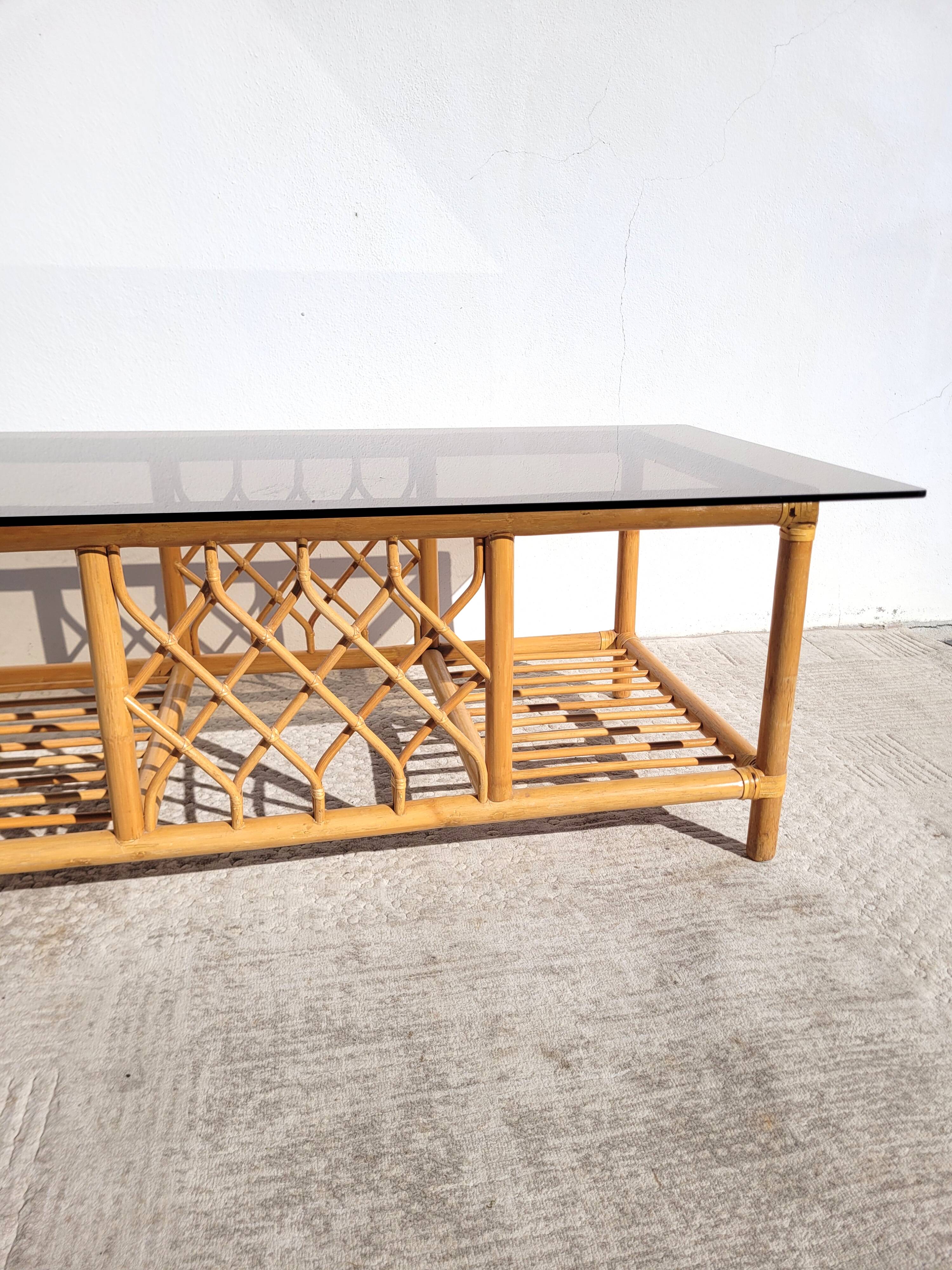 Rattan and smoked glass coffee table