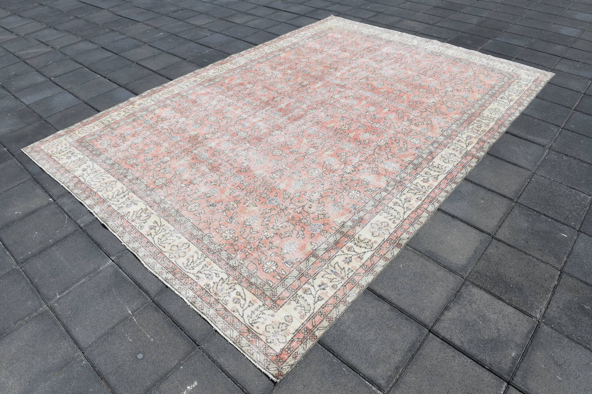 Soft Pink Oversize Vintage Turkish Floral Carpet Rug, 219x313 Cm