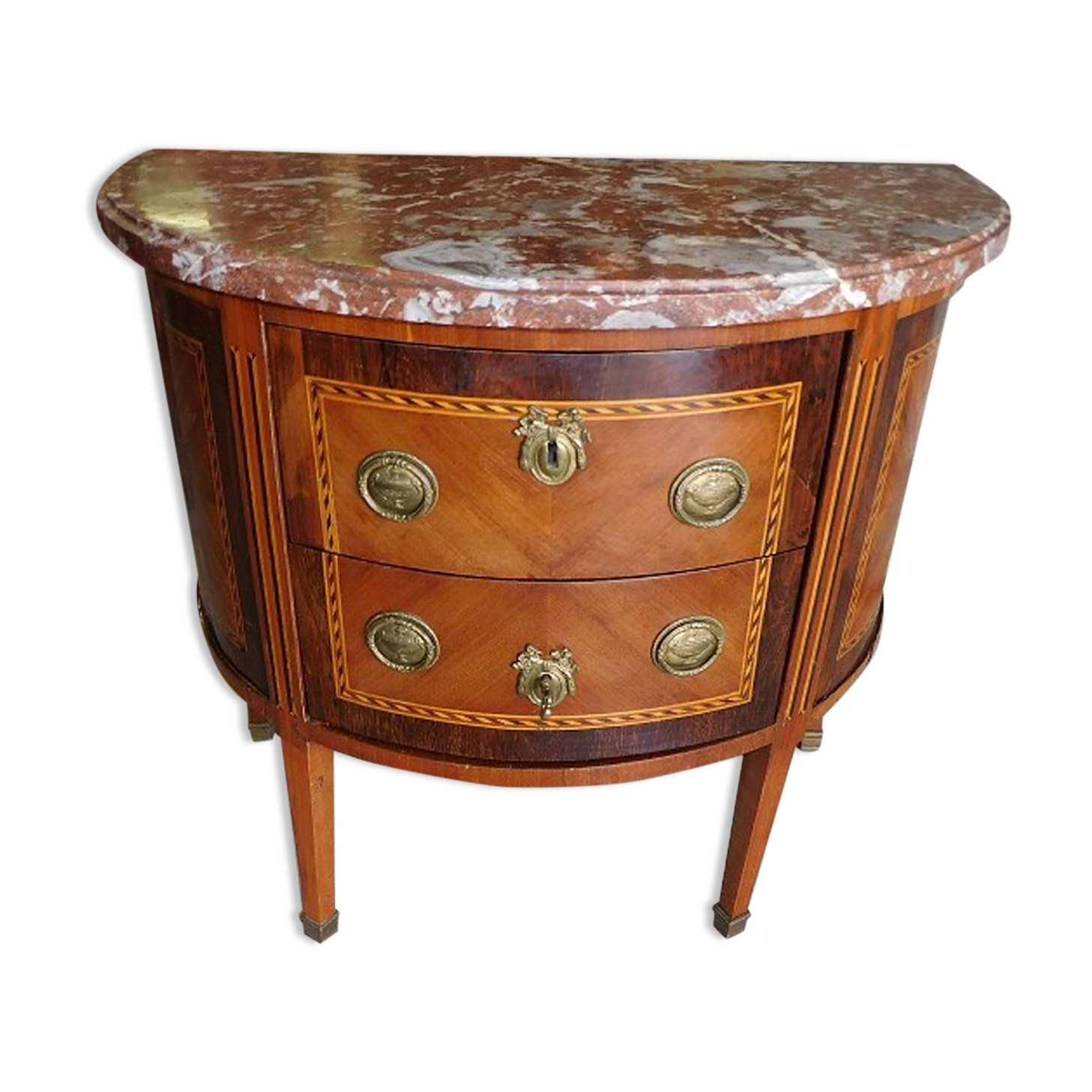 Chest of drawers half moon in marquetry 2 drawers marble top late nineteenth century