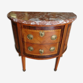 Chest of drawers half moon in marquetry 2 drawers marble top late nineteenth century