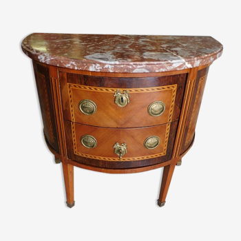 Commode demi lune en marqueterie 2 tiroirs plateau marbre fin du xix ème siecle