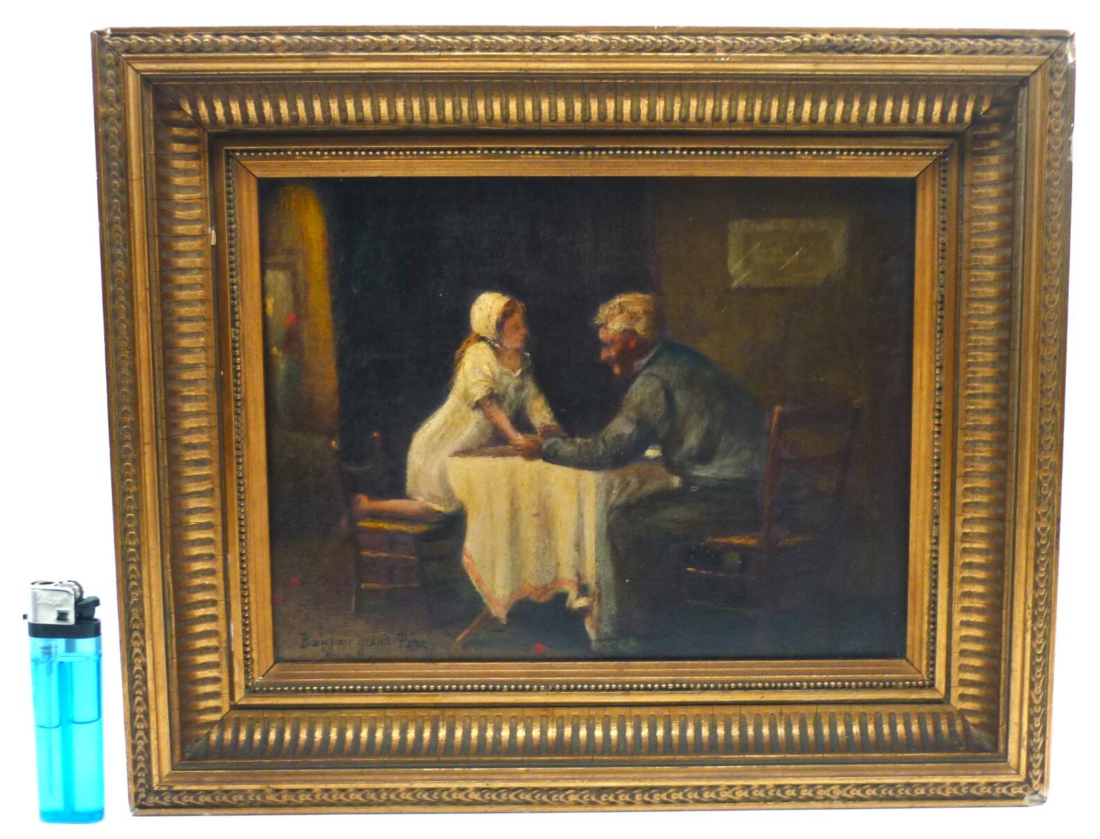 Tableau, huile sur panneau "Bonjour Grand Père", début XXème, cadre doré