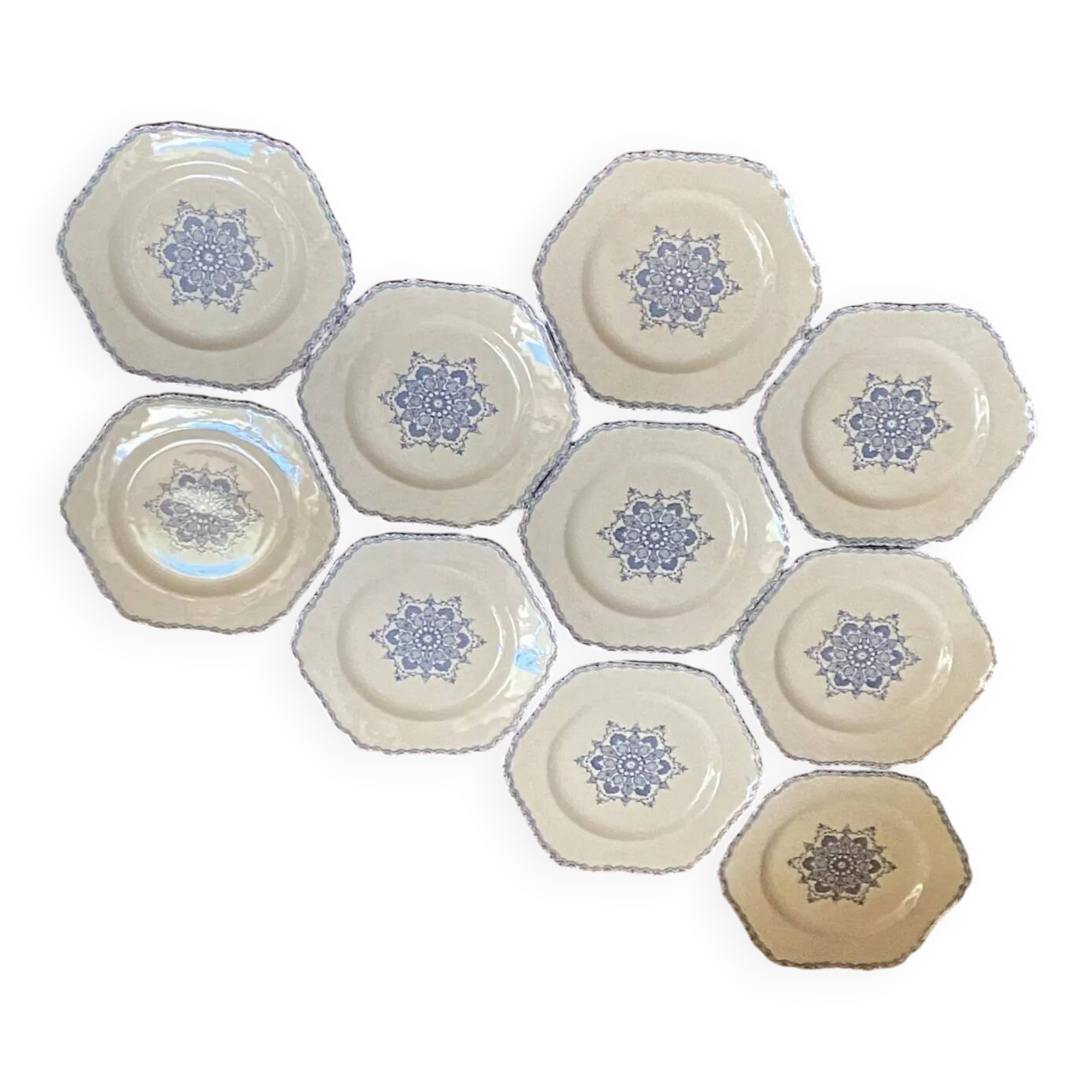 Set of 10 antique 6-sided flat plates – late 19th century earthenware, oriental light blue decor