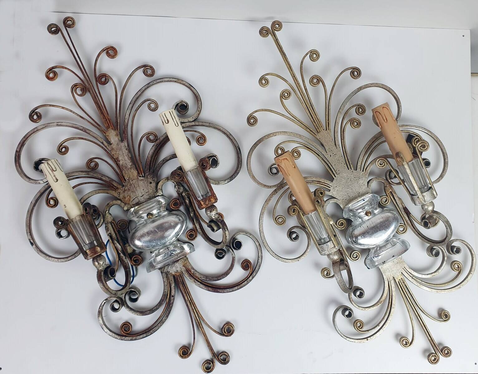 Pair of Silver Wrought Iron And Glass Wall Lights by Banci, Italy, 1940s