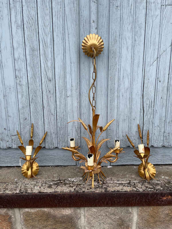 Lustre et Paire d'appliques gerbe de blé