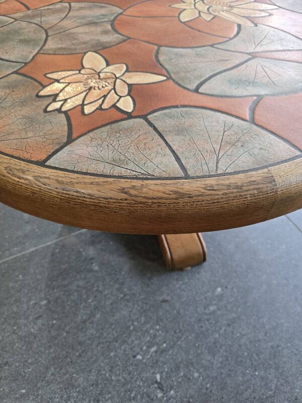 Table basse vintage- Signé Barrois en céramique émaillée et bois – Déc