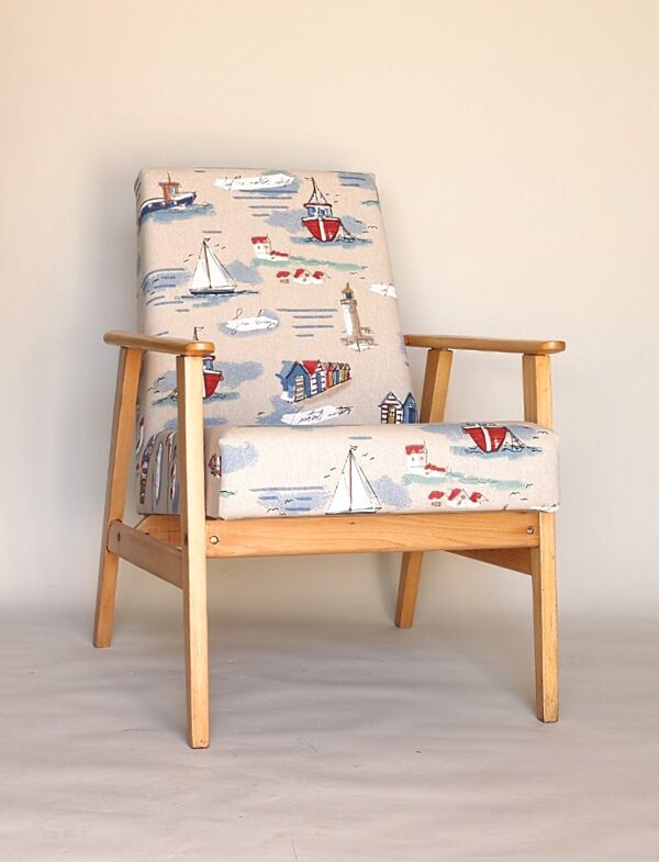 Fauteuil en bois chaise longue fauteuil de salon design vintage 1970 chaise en bois originale rénovée pour salon patio Marin motion