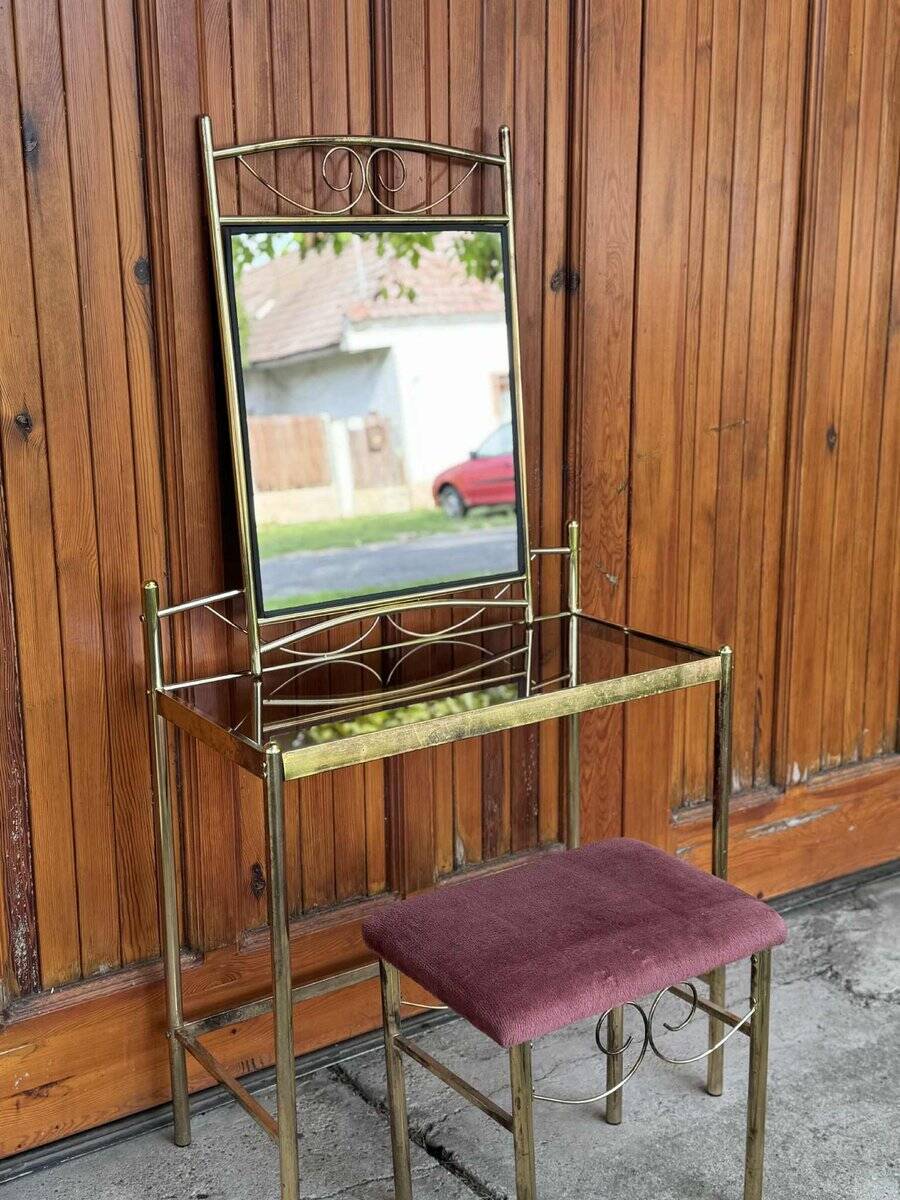 Vintage French Art Deco style vanity table in brass, 1960s, set of 3