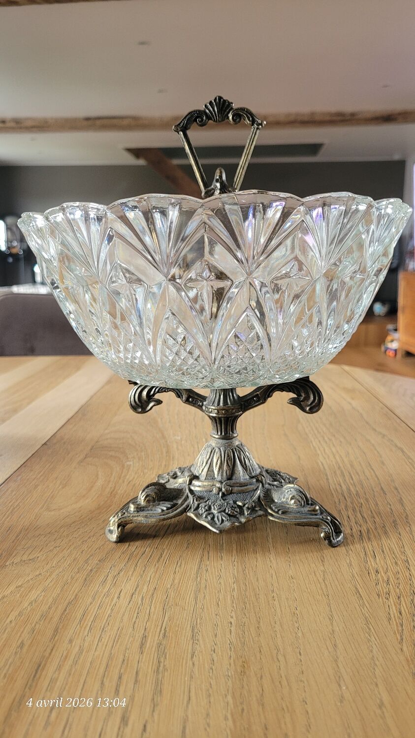 Cut glass bowl on a metal stand / compote dish