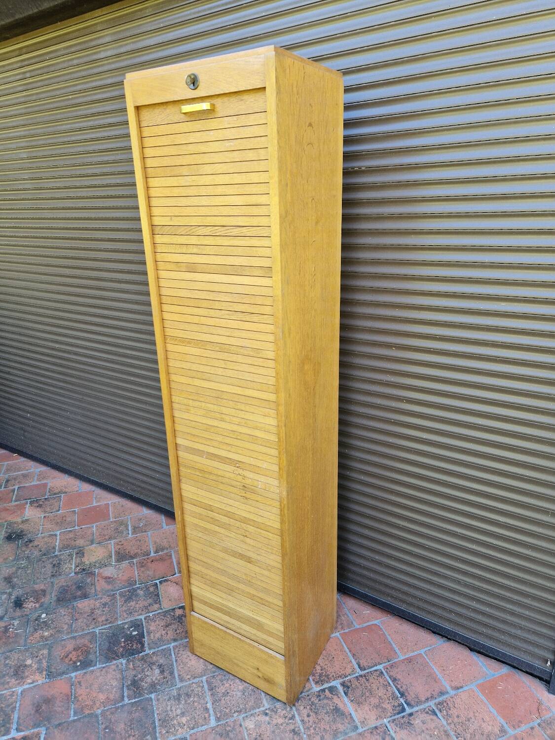 Large vintage 70s wooden curtain filing cabinet