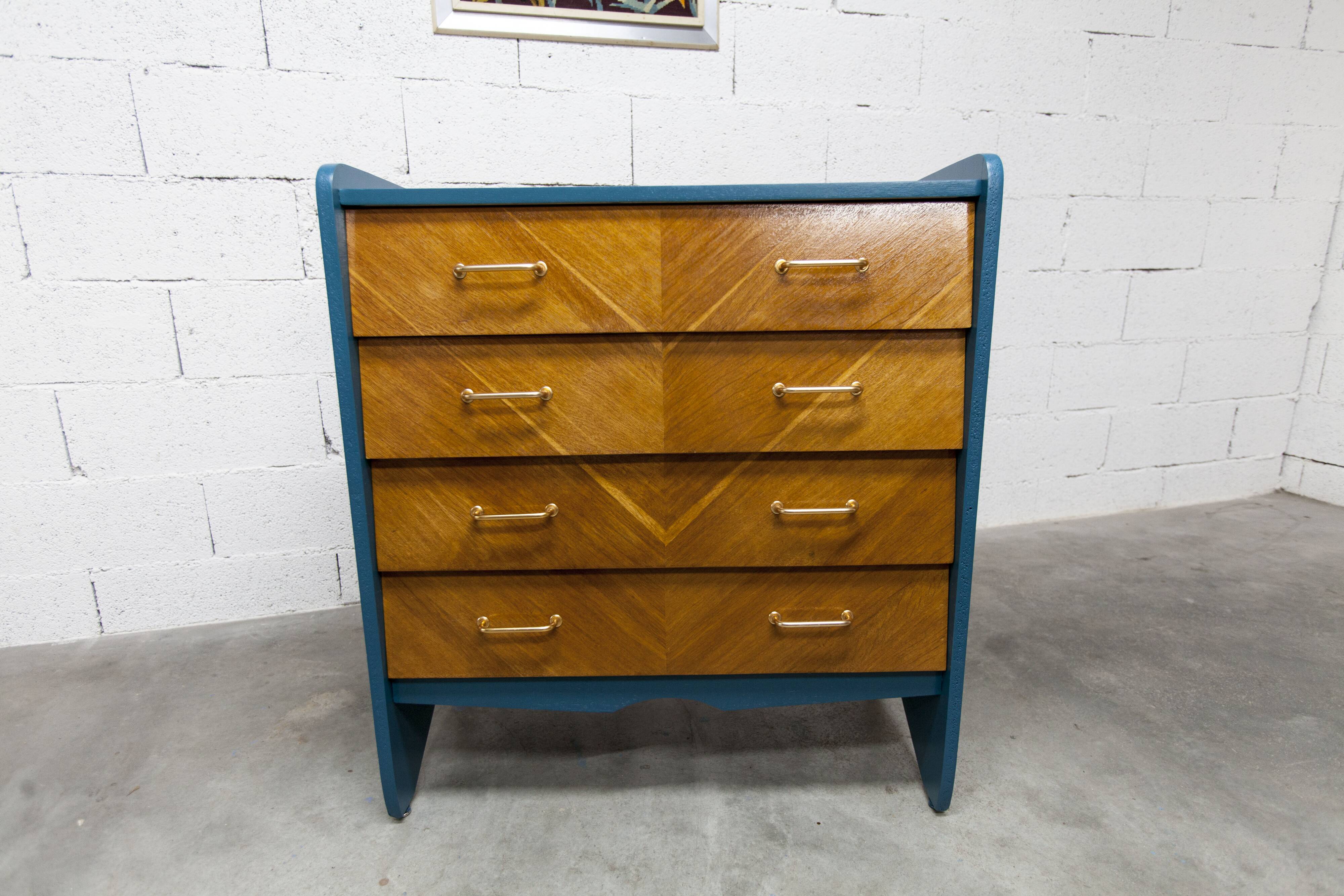 Commode scandinave 1960 atypique bleu Satiné 4 tiroirs