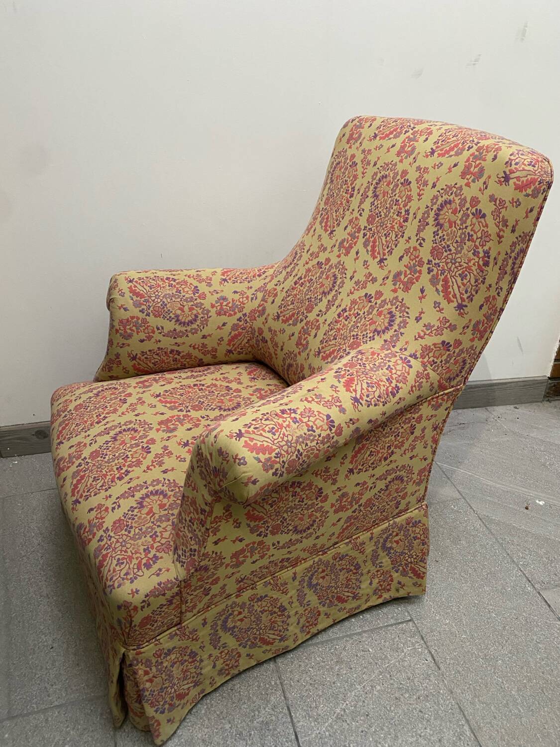 Antique English armchair with Liberty floral tapestry