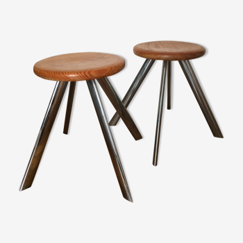 Pair of stools chrome and wood