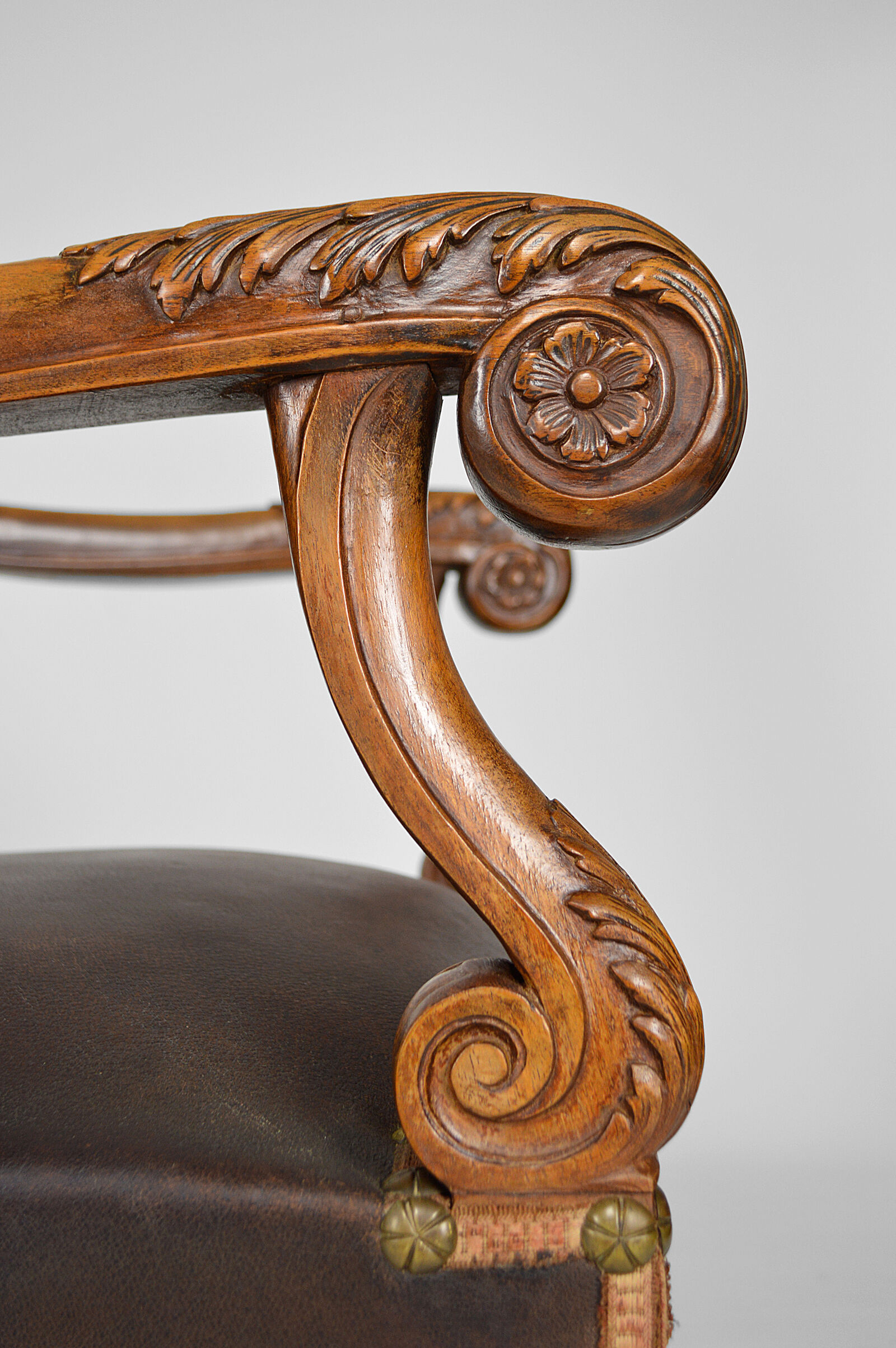 Louis XIII office armchair in leather and walnut carved around 1860
