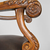 Louis XIII office armchair in leather and walnut carved around 1860