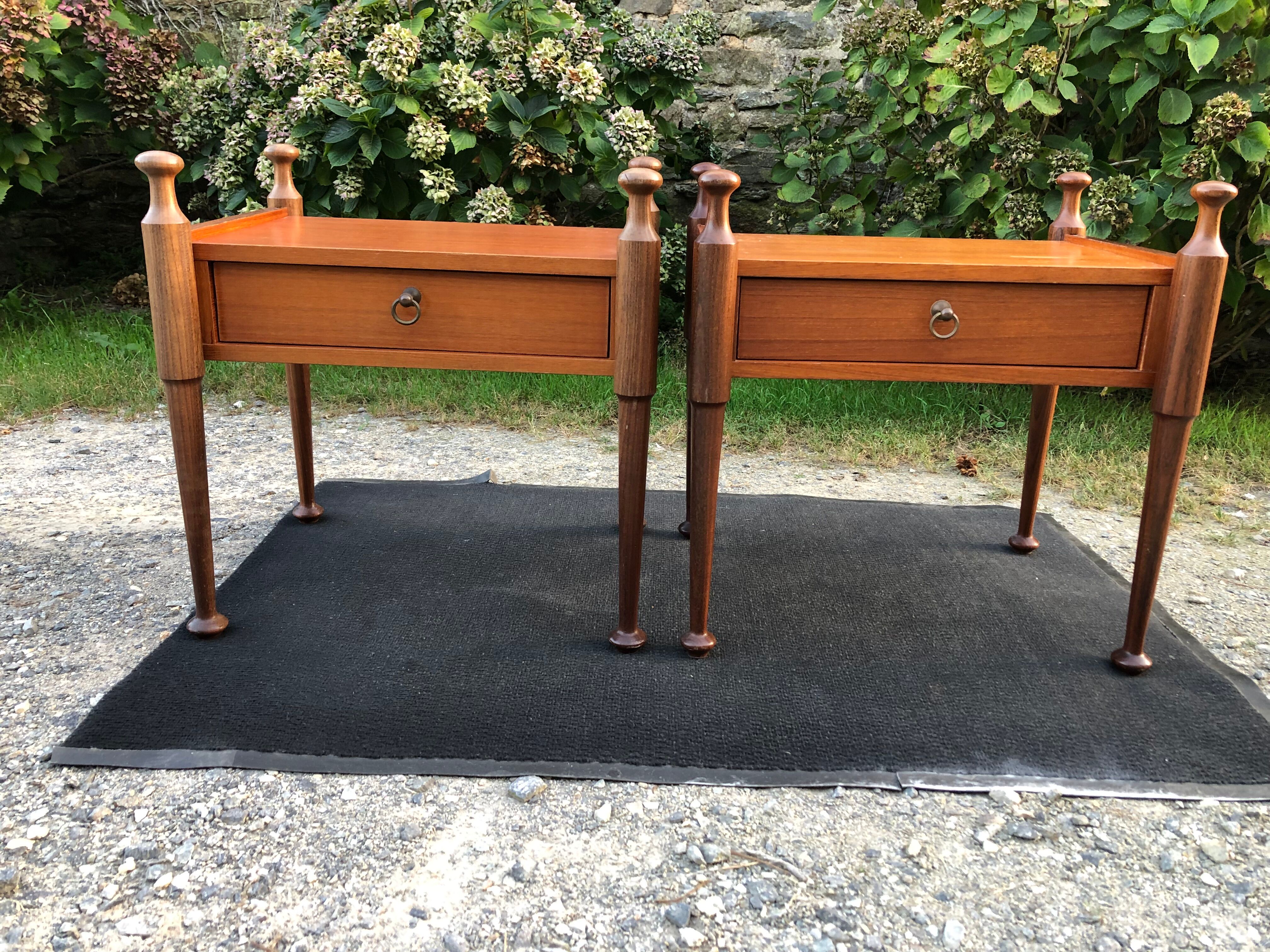 Duo of vintage Scandinavian teak bedside tables with 1 drawer.