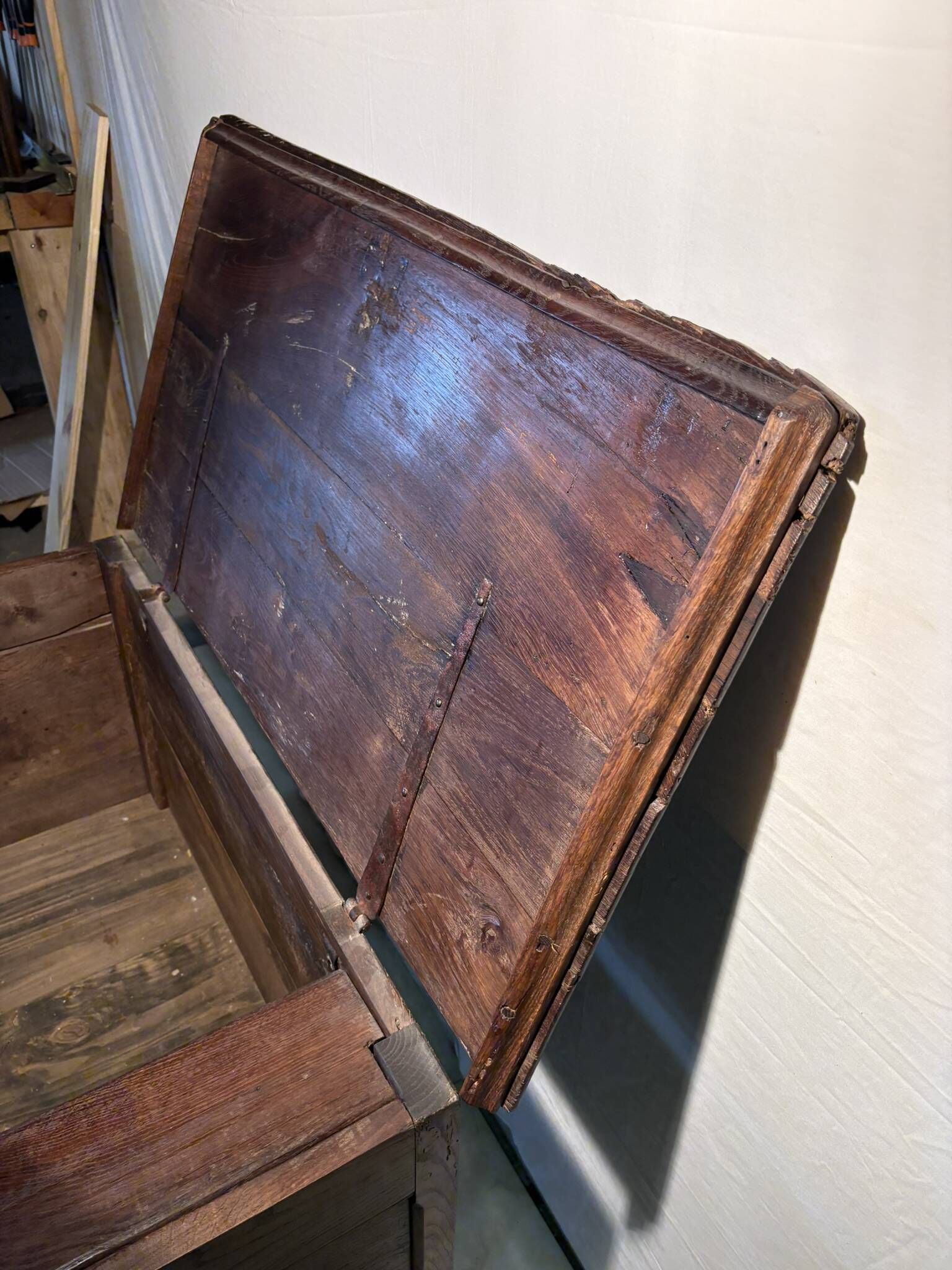 Rustic antique oak chest, original fittings and moulded panels.