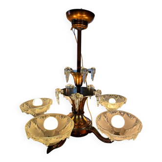 Ezan Art Deco chandelier in copper and molded glass
