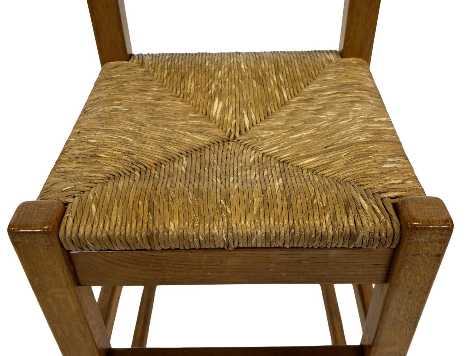 Set of four vintage chairs / stool - brutalist style minimalist oak and wicker 60s