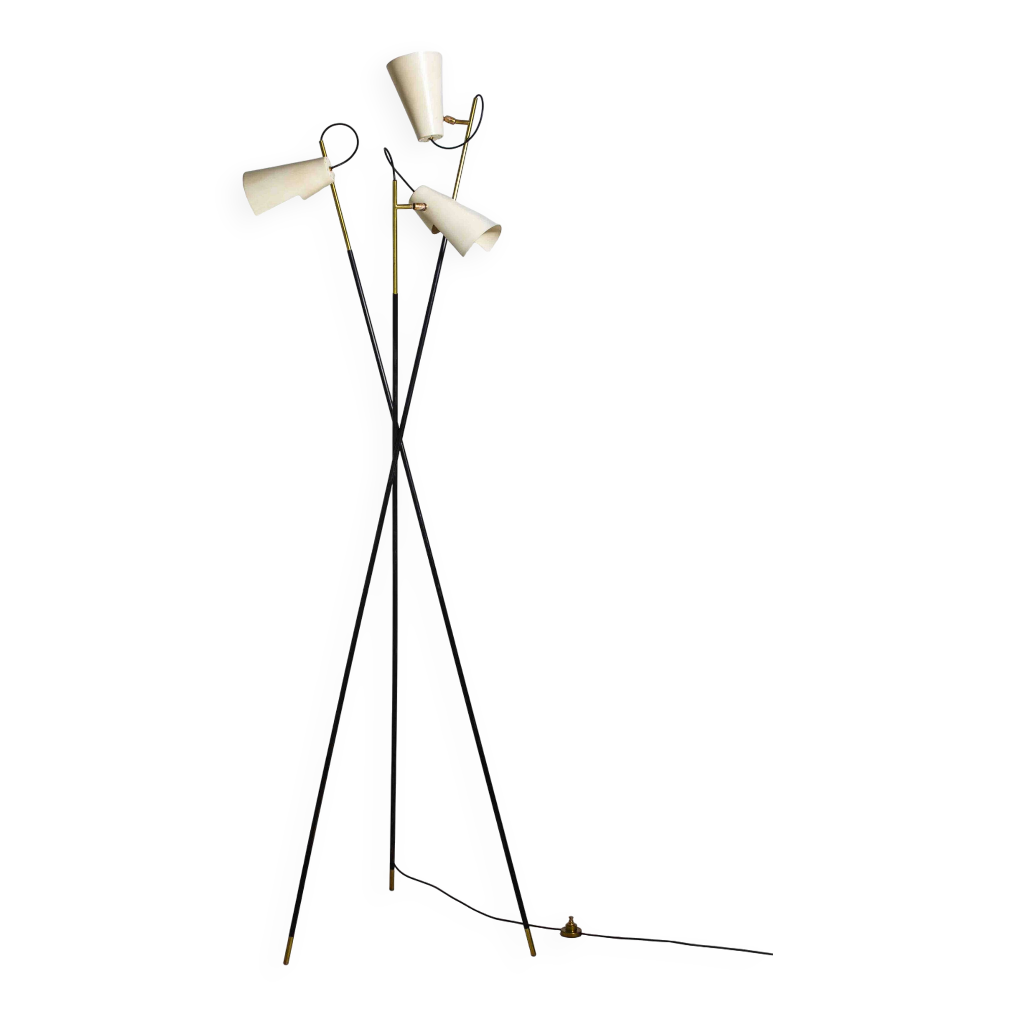 Unique tripod floor lamp by Stilnovo with white shades, Italy 1960s
