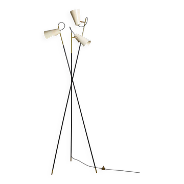 Unique tripod floor lamp by Stilnovo with white shades, Italy 1960s