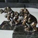 Art Deco Elephant Bookends. In regula on a black veined marble base. Rare model