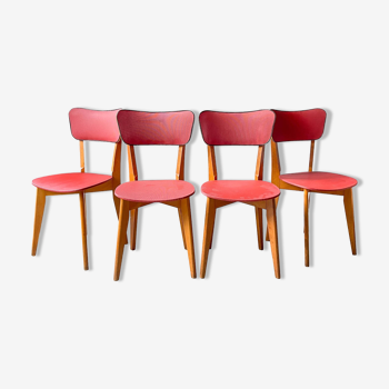 4 vintage chairs from the 60s in wood and red skai