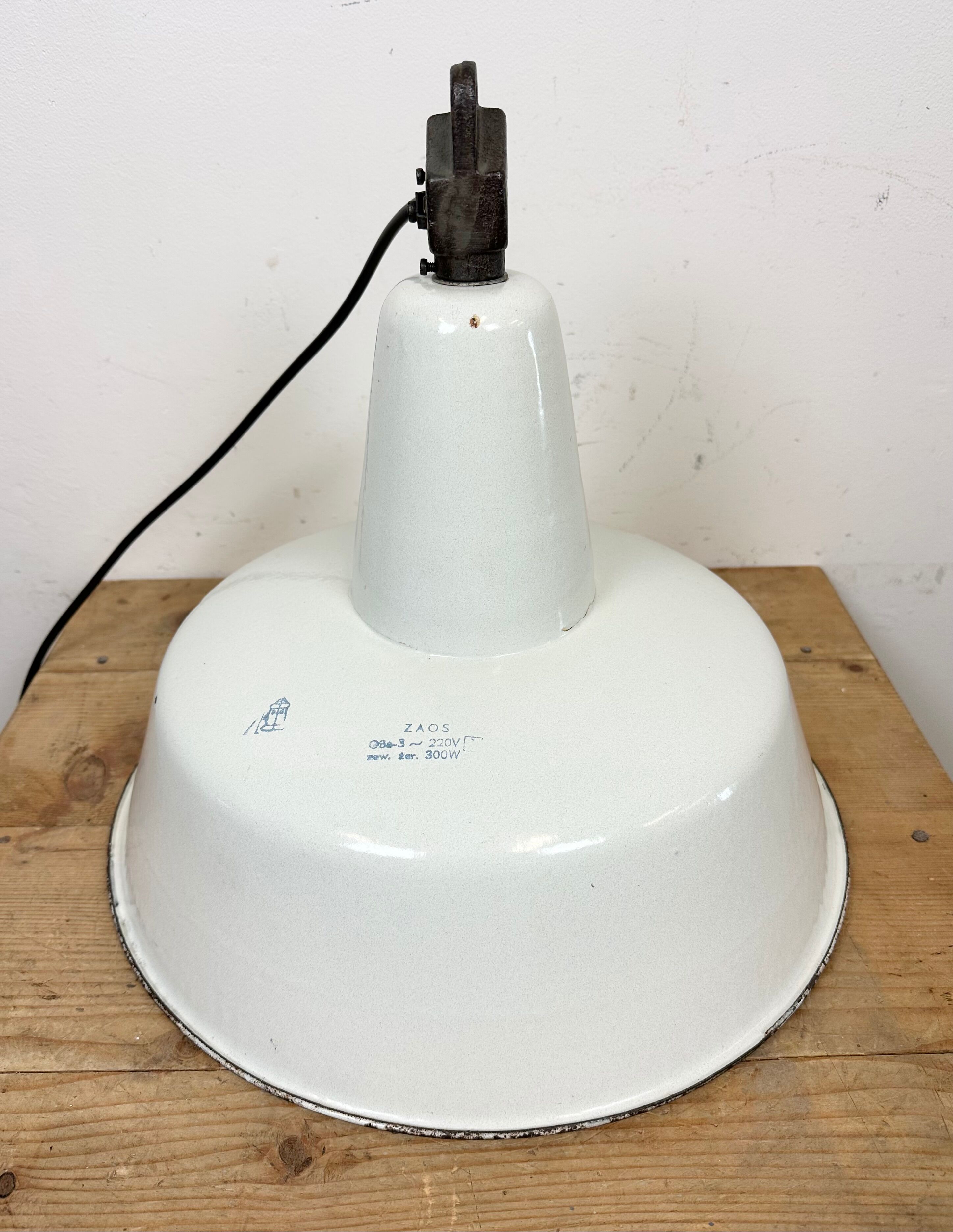 Industrial white enamel factory pendant lamp from zaos, 1960s