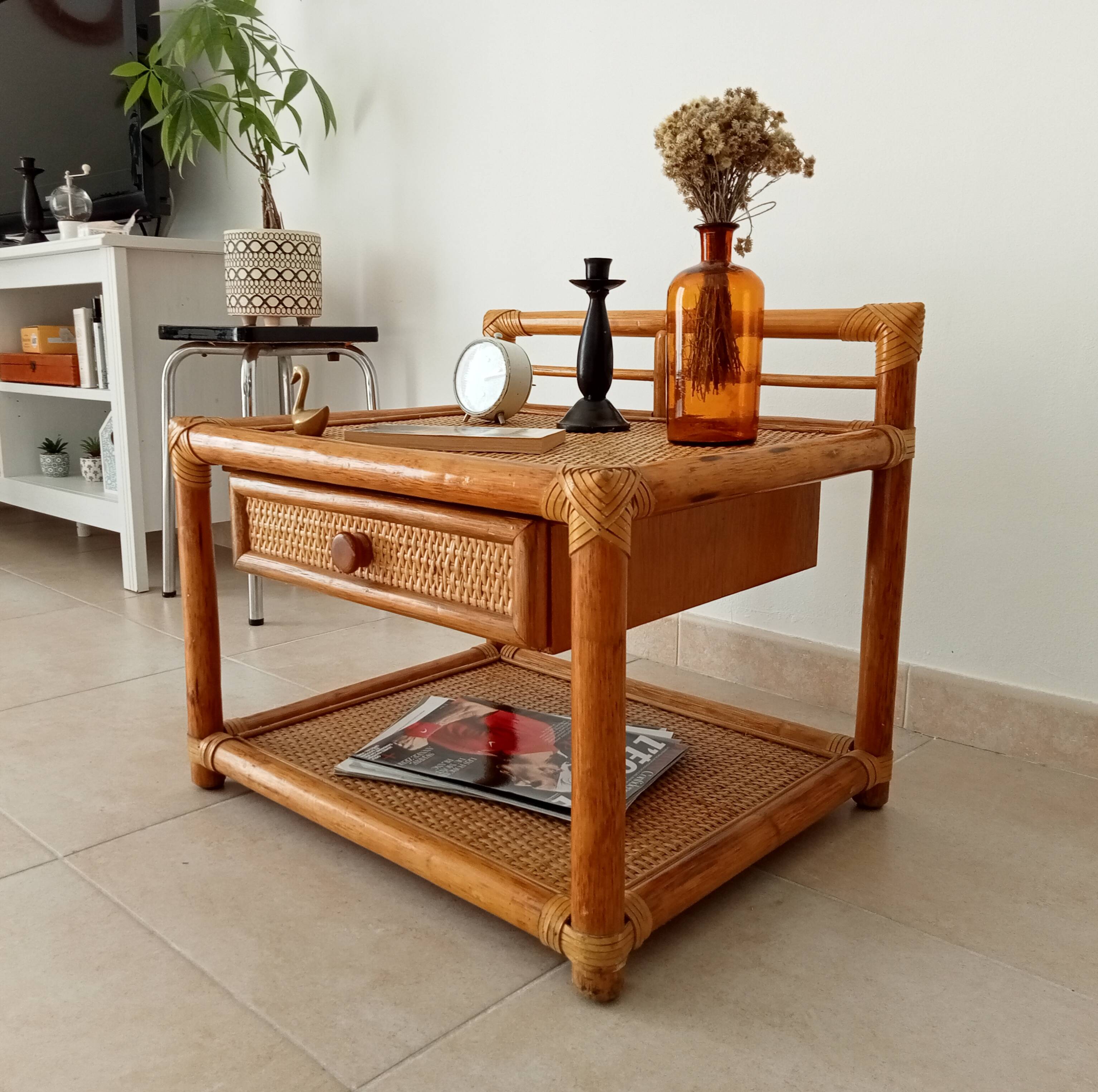 Vintage Maugrion side table in bamboo and rattan