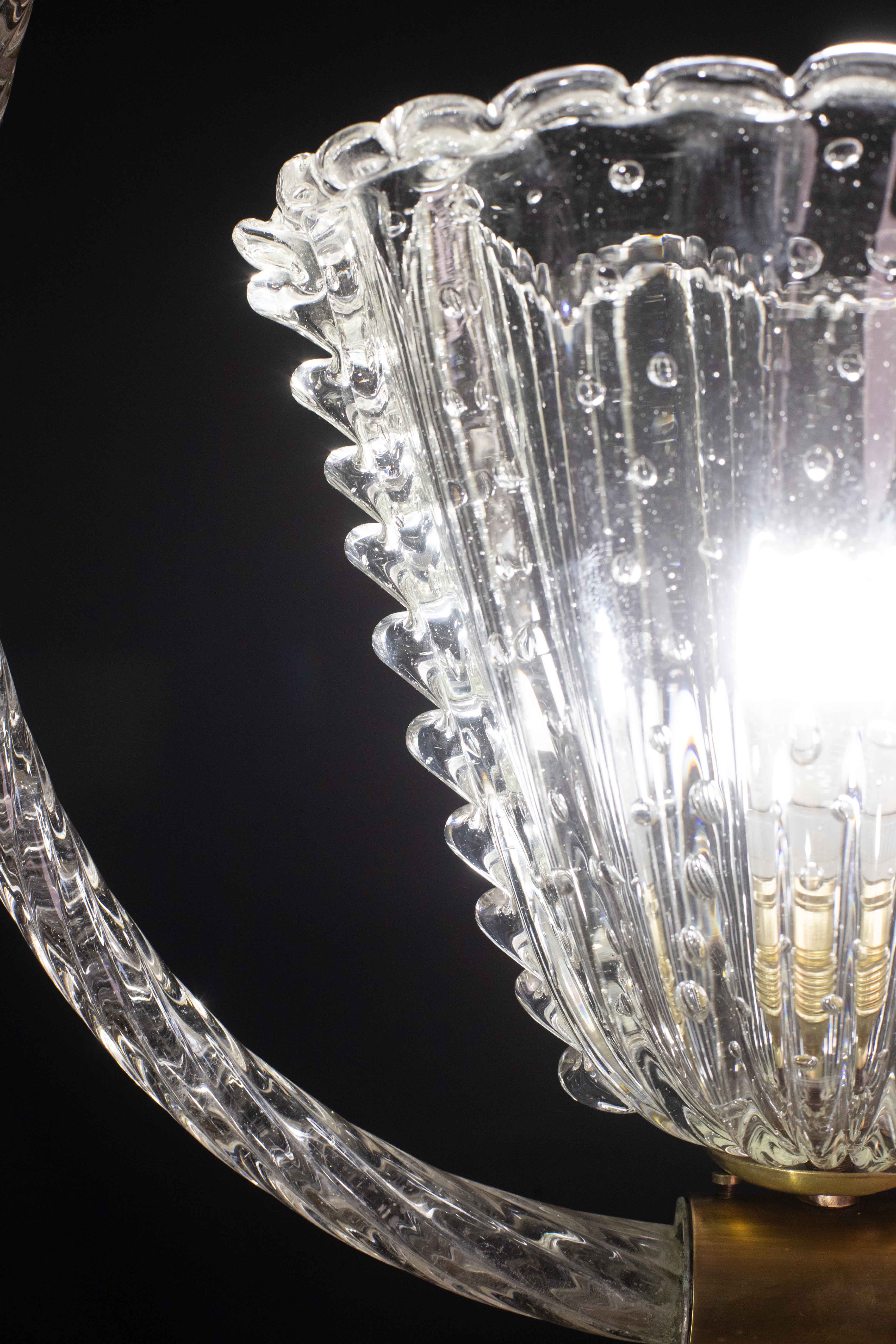 Ercole Barovier Art Deco Chandelier, "Bullicante" Glass Murano, 1940