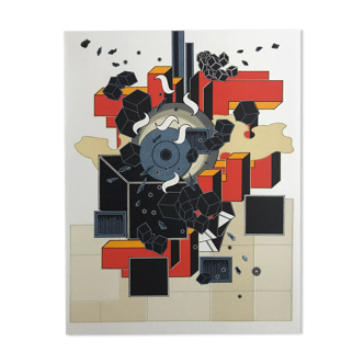 Lithograph by Alain Le Yaouanc, fire, 1978