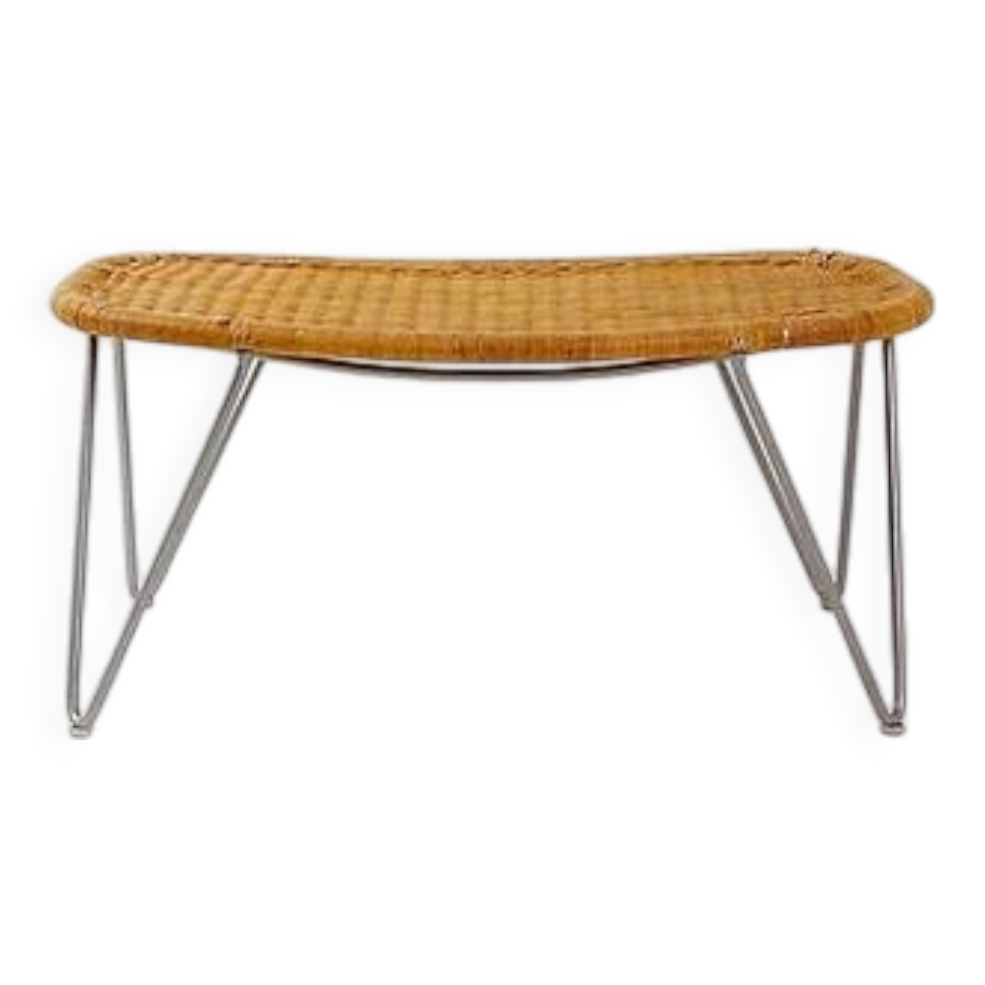 Vintage wicker stool / footstool with gray metal hairpin legs - Ikea