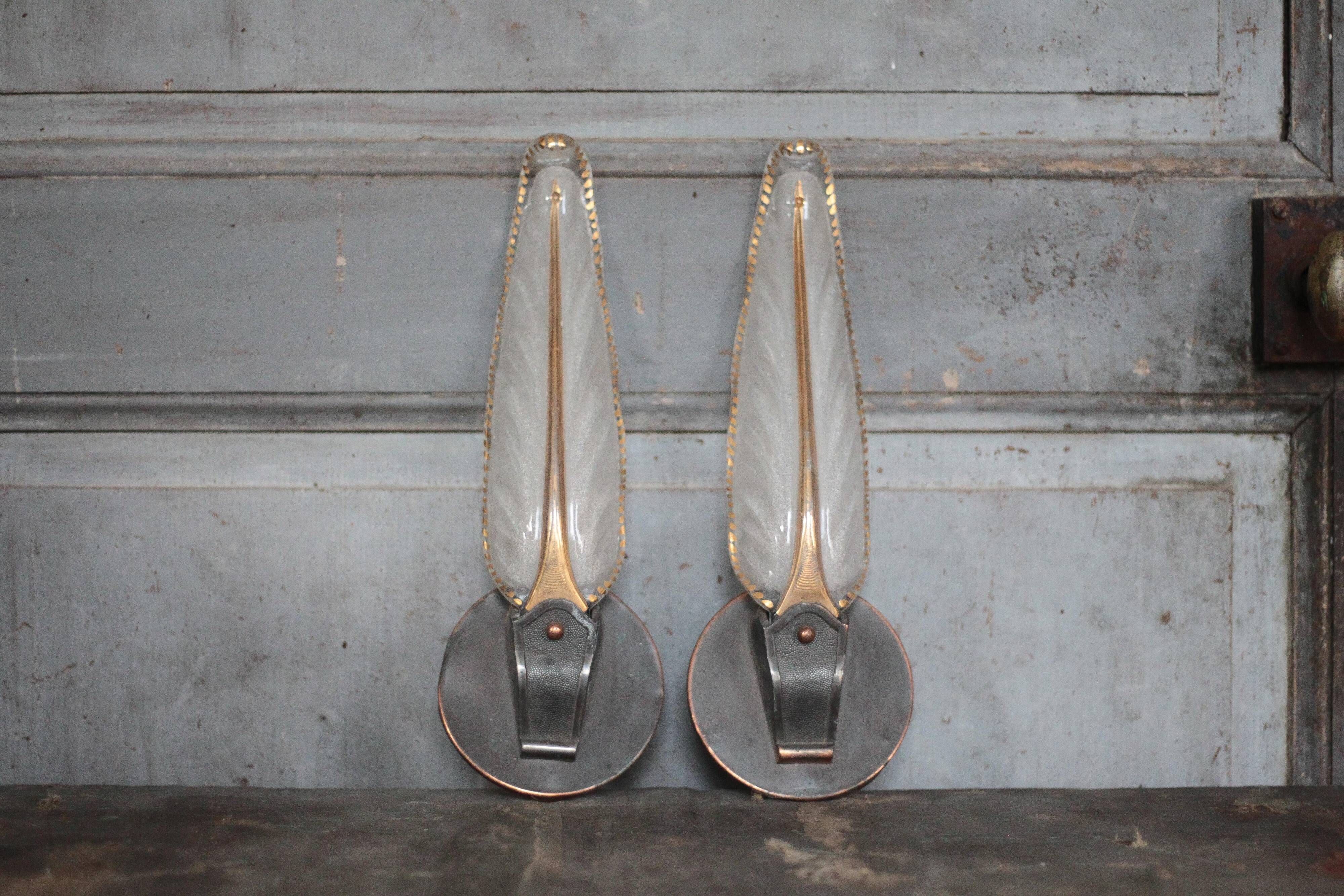 Pair of wall lights, vintage wall lamp, green patina brass wall sconce.