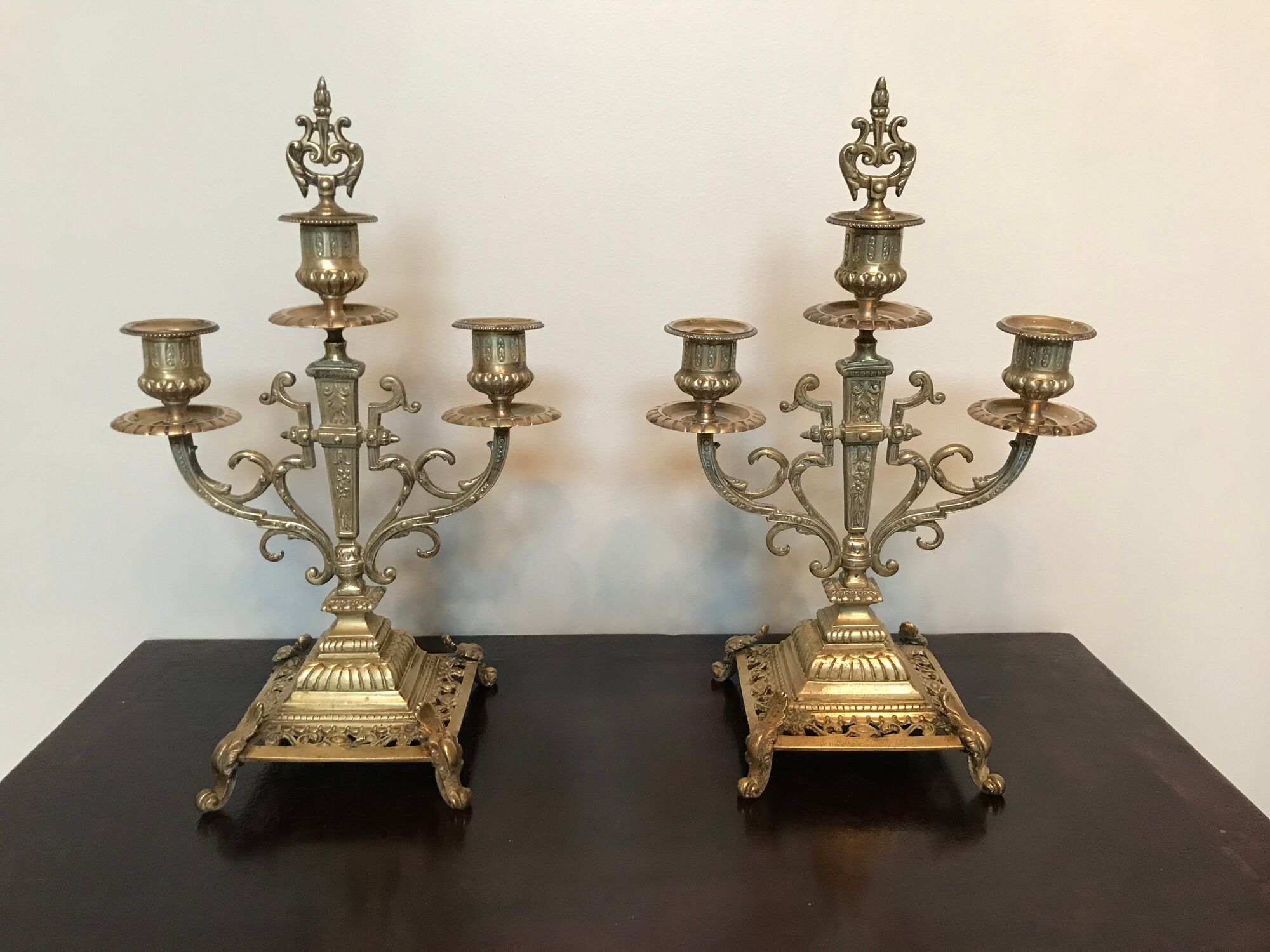 Pair of candelabras or 3-branched chandeliers in gilded bronze late 19th