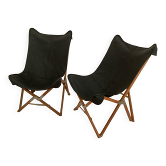 Pair of folding chairs wood and leather