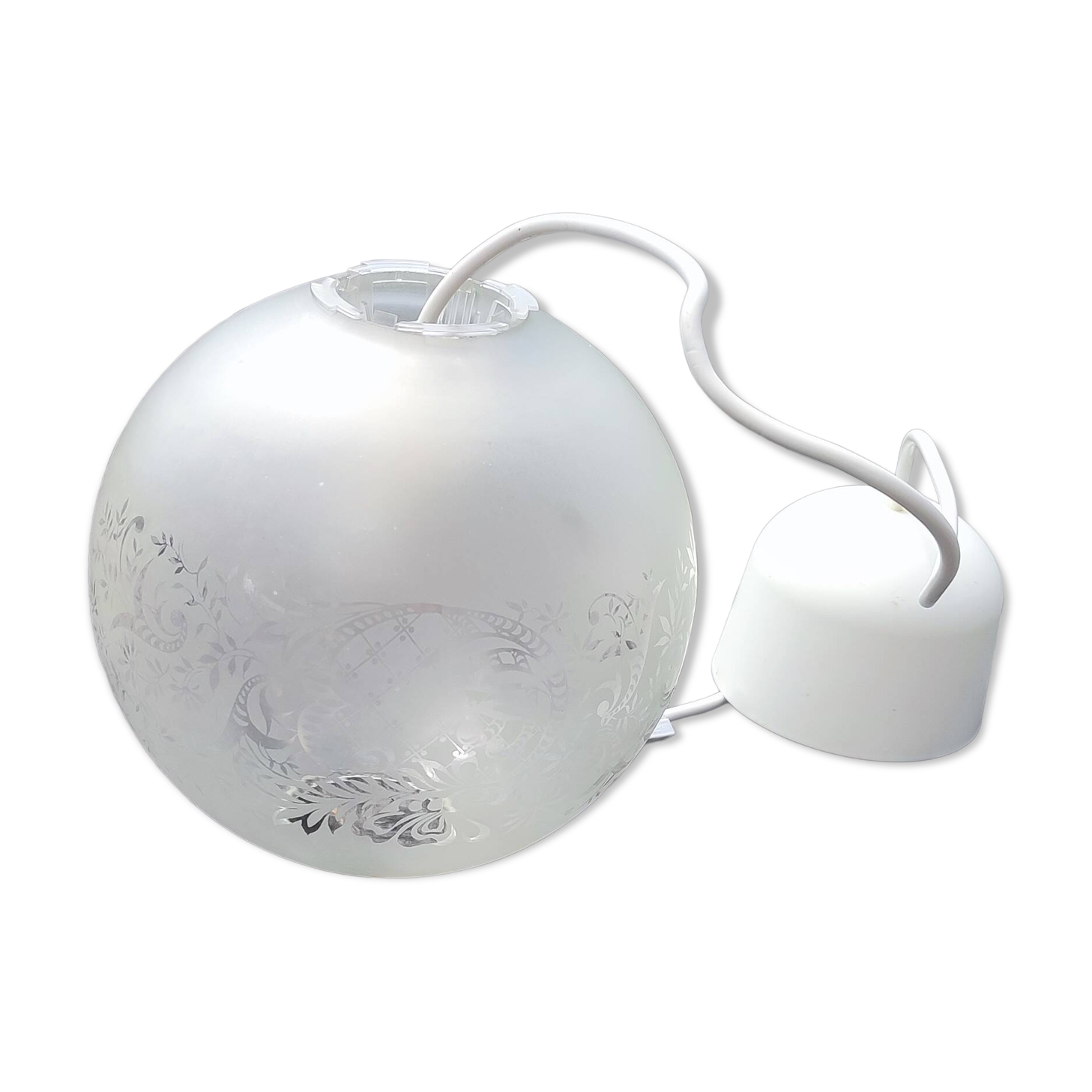 Frosted glass suspension globe with floral patterns in Art Deco style.