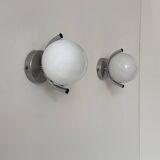Pair of vintage wall lights, chromed metal and opaline glass, France, 1970