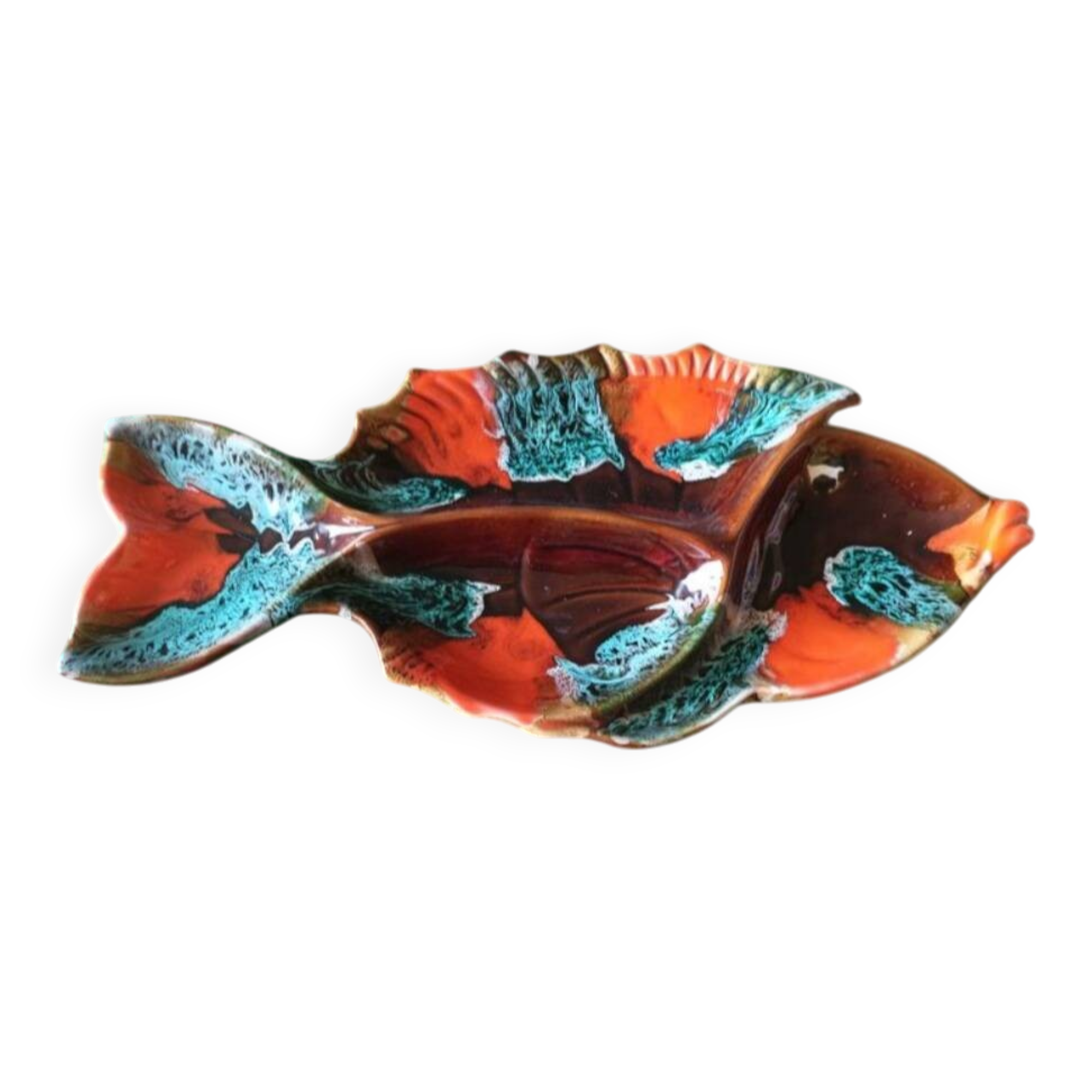 Large brown and orange Vallauris fish-shaped dish