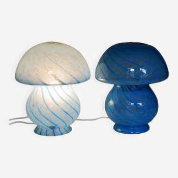 Scandinavian Blue pair of Mushroom glass table lamps 1970s