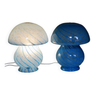 Scandinavian Blue pair of Mushroom glass table lamps 1970s