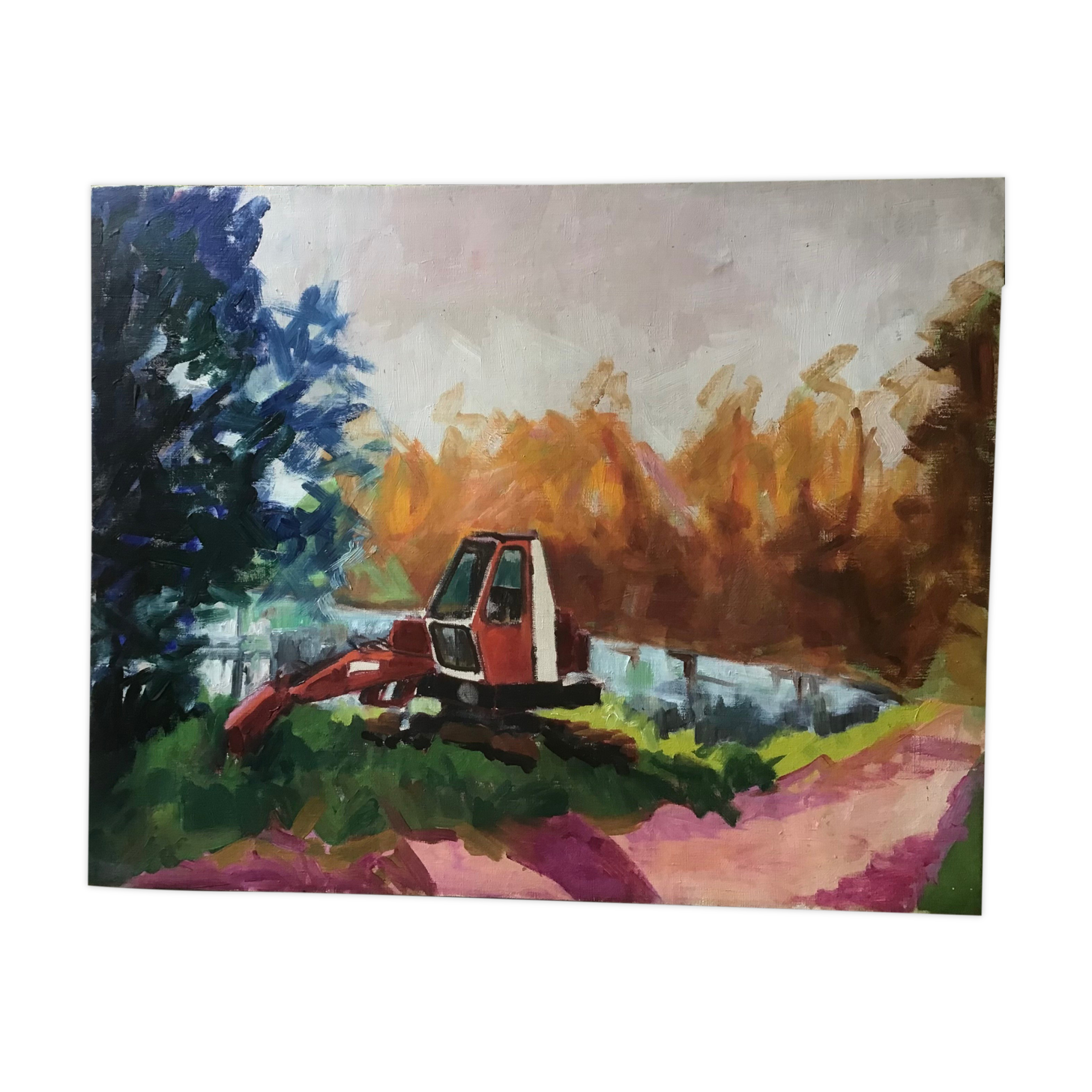 Landscape with excavator, oil on tawny canvas