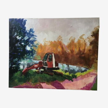 Landscape with excavator, oil on tawny canvas