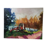Paysage à la pelleteuse, huile sur toile fauve
