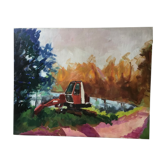 Paysage à la pelleteuse, huile sur toile fauve