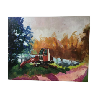 Landscape with excavator, oil on tawny canvas