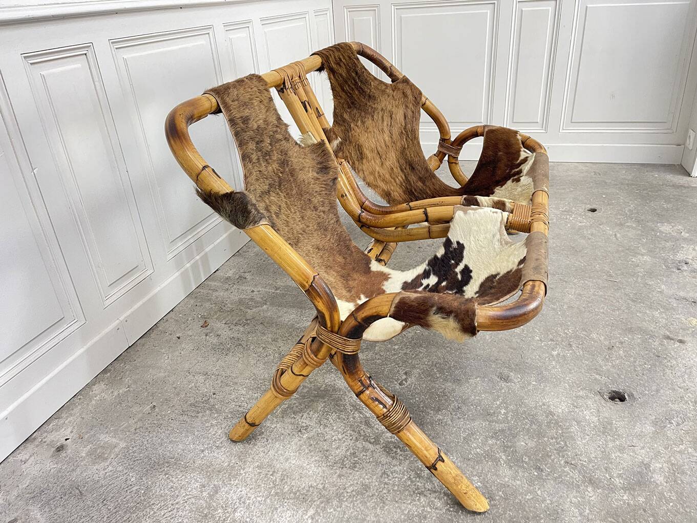 Rattan leather bench 1970