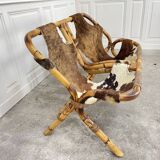 Banquette cuir rotin 1970